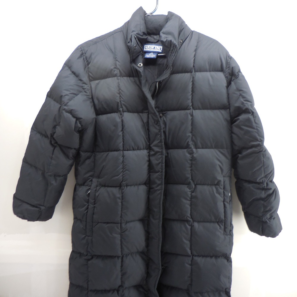 Lands End Goose Down Long Puffer Coat Black Quilted Parka Jacket Womens Petite 8